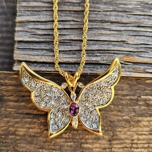 Signed VTG PSCo Clear & Purple Rhinestone  Butterfly Necklace w/ Goldtone Chain